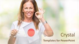  Presentation with japan flag - Colorful presentation theme enhanced with middle age hispanic woman holding backdrop and a cream colored foreground