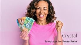  Presentation with hispanic - PPT theme enhanced with middle-age-hispanic-woman-holding background and a lavender colored foreground