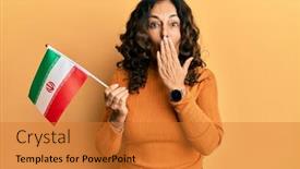  Presentation with iran flag - Presentation design with middle-age-hispanic-woman-holding background and a gold colored foreground