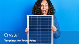  Presentation with solar panel - Beautiful presentation theme featuring middle-age-hispanic-woman-holding backdrop and a ocean colored foreground