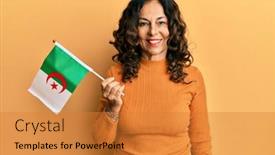  Presentation with teeth - Beautiful PPT layouts featuring middle-age-hispanic-woman-holding backdrop and a gold colored foreground