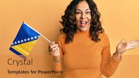  Presentation with achievement - PPT theme with middle-age-hispanic-woman-holding background and a gold colored foreground