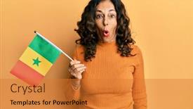  Presentation with senegal flag - Beautiful PPT theme featuring middle-age-hispanic-woman-holding backdrop and a gold colored foreground