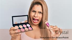  Presentation with hispanic - PPT theme featuring middle-age-hispanic-woman-holding background and a coral colored foreground