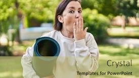  Presentation with mouth - Presentation design featuring middle-age-hispanic-woman-holding background and a  colored foreground