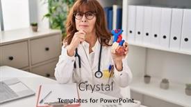  Presentation with hispanic - PPT theme with middle-age-hispanic-woman-holding background and a soft green colored foreground