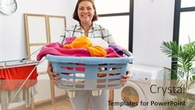  Presentation with laundry - PPT theme enhanced with middle-age-hispanic-woman-holding background and a  colored foreground