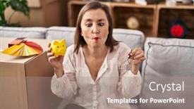  Presentation with piggy bank - Slide set having middle-age-hispanic-woman-holding background and a gray colored foreground