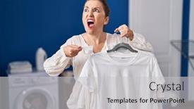  Presentation with detergent powder - Slide deck enhanced with middle-age-hispanic-woman-holding background and a light gray colored foreground