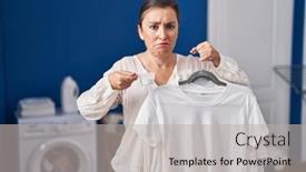  Presentation with detergent powder - Presentation theme enhanced with middle-age-hispanic-woman-holding background and a light gray colored foreground