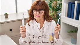  Presentation with ordinary - Slides featuring middle-age-hispanic-woman-holding background and a soft green colored foreground