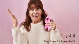  Presentation with pink ribbon hands - Theme featuring middle-age-hispanic-woman-holding background and a soft green colored foreground