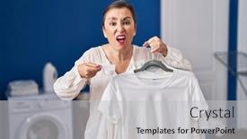  Presentation with detergent powder - PPT theme consisting of middle-age-hispanic-woman-holding background and a light gray colored foreground