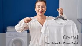  Presentation with detergent powder - Slide deck featuring middle-age-hispanic-woman-holding background and a light gray colored foreground