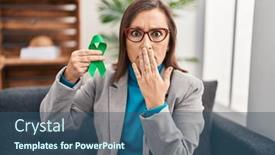  Presentation with ribbon green - Presentation with middle-age-hispanic-woman-holding background and a ocean colored foreground