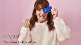  Presentation with credit card - Presentation theme featuring middle-age-hispanic-woman-holding background and a  colored foreground