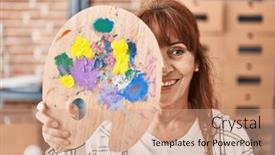  Presentation with happy sad mask face - Presentation theme with middle-age-hispanic-woman-holding background and a coral colored foreground