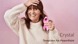  Presentation with pink ribbon - Presentation with middle-age-hispanic-woman-holding background and a  colored foreground