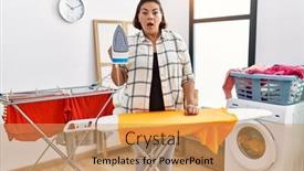  Presentation with ironing - Slide set with middle-age-hispanic-woman-ironing background and a coral colored foreground