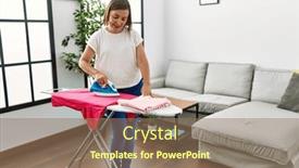  Presentation with ironing - Presentation theme having middle-age-hispanic-woman-ironing background and a coral colored foreground