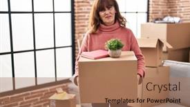  Presentation with new home - Slide deck consisting of middle-age-hispanic-woman-moving background and a coral colored foreground