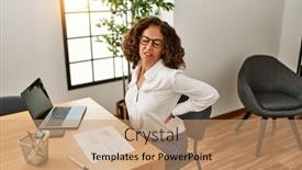  Presentation with back pain - PPT theme with middle-age-hispanic-woman-overworked background and a coral colored foreground