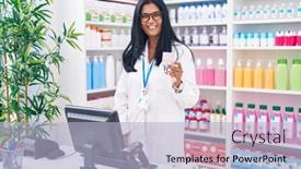  Presentation with pharmacy tablet - Slide deck consisting of middle-age-hispanic-woman-pharmacist background and a light blue colored foreground