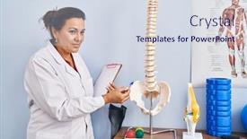  Presentation with rehab clinic - Presentation theme enhanced with middle-age-hispanic-woman-physiotherapist background and a sky blue colored foreground