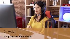  Presentation with video games playing - PPT theme enhanced with middle-age-hispanic-woman-playing background and a gold colored foreground