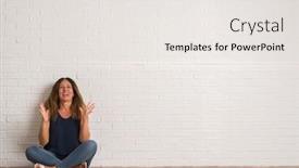  Presentation with white brick - PPT layouts having middle age hispanic woman sitting on the floor over white brick wall crazy and mad shouting and yelling with aggressive expression and arms raised frustration concept background and a white colored foreground