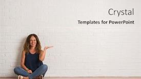  Presentation with white brick wall - Cool new theme with middle age hispanic woman sitting on the floor over white brick wall smiling cheerful presenting and pointing with palm of hand looking at the camera backdrop and a sky blue colored foreground