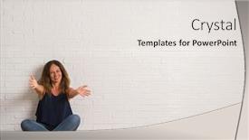  Presentation with white brick wall - Colorful presentation theme enhanced with middle age hispanic woman sitting on the floor over white brick wall looking at the camera smiling with open arms for hug cheerful expression embracing happiness backdrop and a white colored foreground