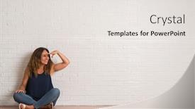  Presentation with white brick wall - Amazing PPT layouts having middle age hispanic woman sitting on the floor over white brick wall very happy and smiling looking far away with hand over head searching concept backdrop and a white colored foreground