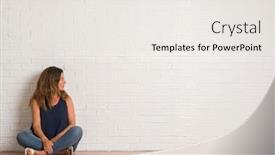  Presentation with white brick - PPT theme enhanced with middle age hispanic woman sitting on the floor over white brick wall looking to side relax profile pose with natural face with confident smile background and a sky blue colored foreground