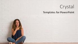  Presentation with white brick - Audience pleasing presentation consisting of middle age hispanic woman sitting on the floor over white brick wall cheerful with a smile of face pointing with hand and finger up to the side with happy and natural expression on face backdrop and a white colored foreground