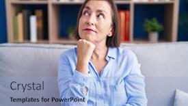  Presentation with question - PPT theme with middle-age-hispanic-woman-sitting background and a light blue colored foreground