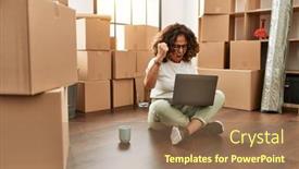  Presentation with new home - PPT theme featuring middle-age-hispanic-woman-sitting background and a coral colored foreground