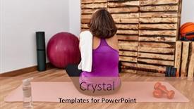  Presentation with self care - PPT theme with middle-age-hispanic-woman-sitting background and a coral colored foreground