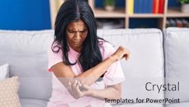  Presentation with pain - PPT theme consisting of middle-age-hispanic-woman-sitting background and a light gray colored foreground