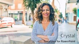  Presentation with walking - PPT theme with middle-age-hispanic-woman-smiling background and a light blue colored foreground