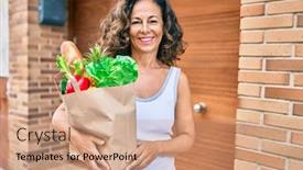  Presentation with grocery bag - Slides having middle-age-hispanic-woman-smiling background and a coral colored foreground