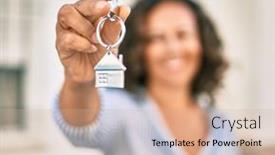  Presentation with house key - Theme enhanced with middle-age-hispanic-woman-smiling background and a coral colored foreground