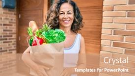  Presentation with grocery bag - Audience pleasing slide set consisting of middle-age-hispanic-woman-smiling backdrop and a coral colored foreground