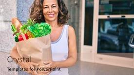  Presentation with grocery bag - Presentation design featuring middle-age-hispanic-woman-smiling background and a coral colored foreground