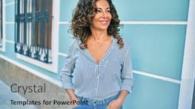  Presentation with walking - PPT theme having middle-age-hispanic-woman-smiling background and a light blue colored foreground