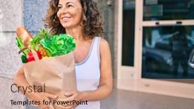  Presentation with grocery bag - PPT theme featuring middle-age-hispanic-woman-smiling background and a coral colored foreground