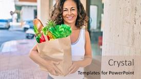  Presentation with grocery bag - Cool new slide deck with middle-age-hispanic-woman-smiling backdrop and a soft green colored foreground