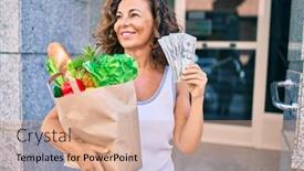  Presentation with grocery bag - Slide deck consisting of middle-age-hispanic-woman-smiling background and a coral colored foreground