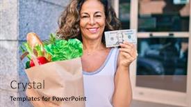  Presentation with grocery bag - Colorful presentation theme enhanced with middle-age-hispanic-woman-smiling backdrop and a coral colored foreground