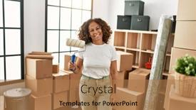  Presentation with paint roller - Presentation featuring middle-age-hispanic-woman-smiling background and a coral colored foreground